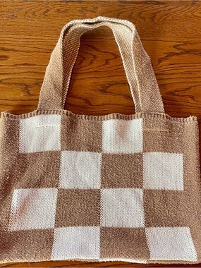 Woven Check Tote Bag in Brown & Cream